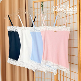 ♦️DOODEE2♦️เสื้อสายเดี่ยวชายเฉียง แต่งลูกไม้ ติดโลหะ ผ้าร่อง