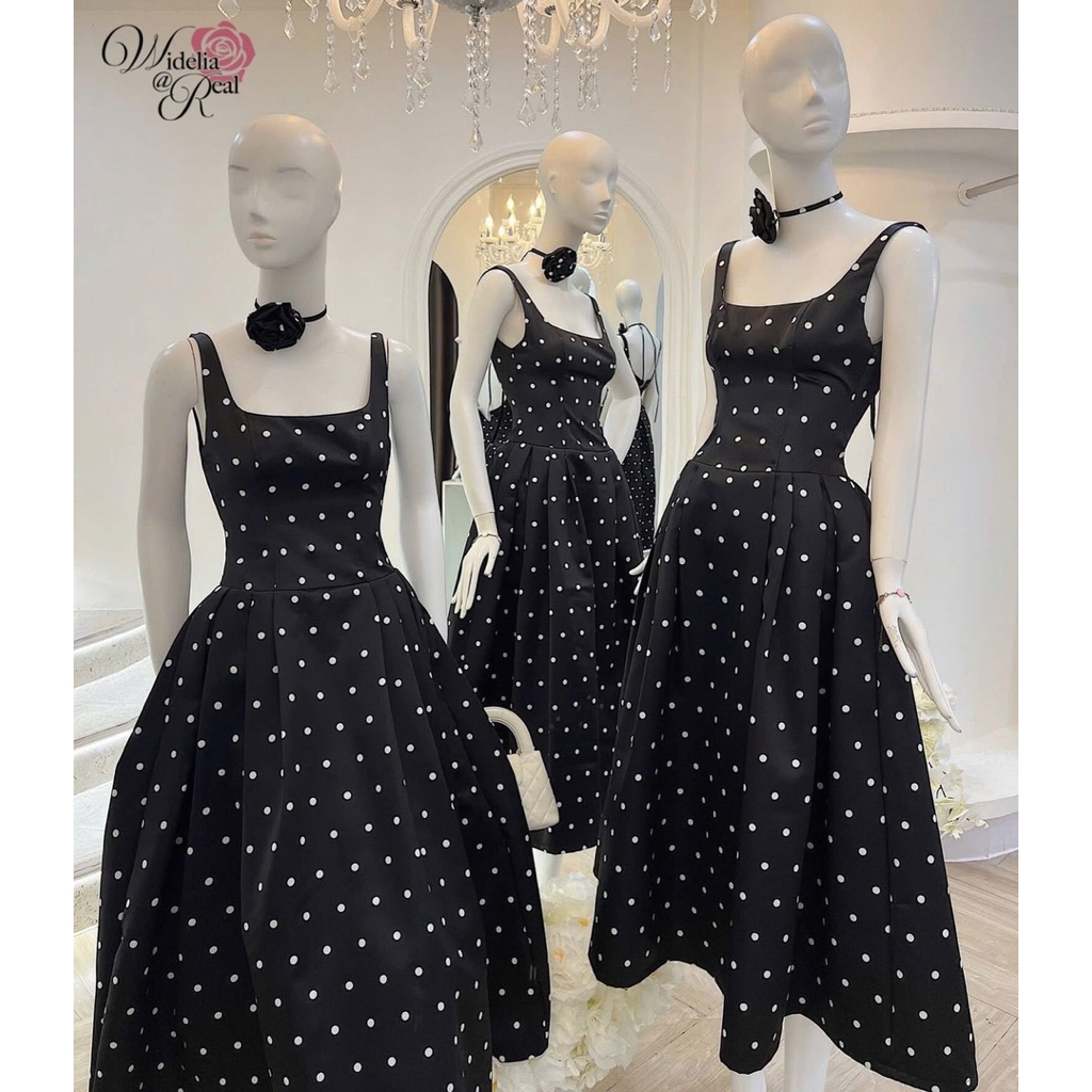 เดรสตัวยาวสายเดี่ยวคอเหลี่ยมผ้าดีมากมีโชคเกอร์ดอกไม้อกมีฟองน้ำซิปหลังกระโปรงทรงบานเย็บจีบหน้าและหลังลายจุด - รูปที่ 3