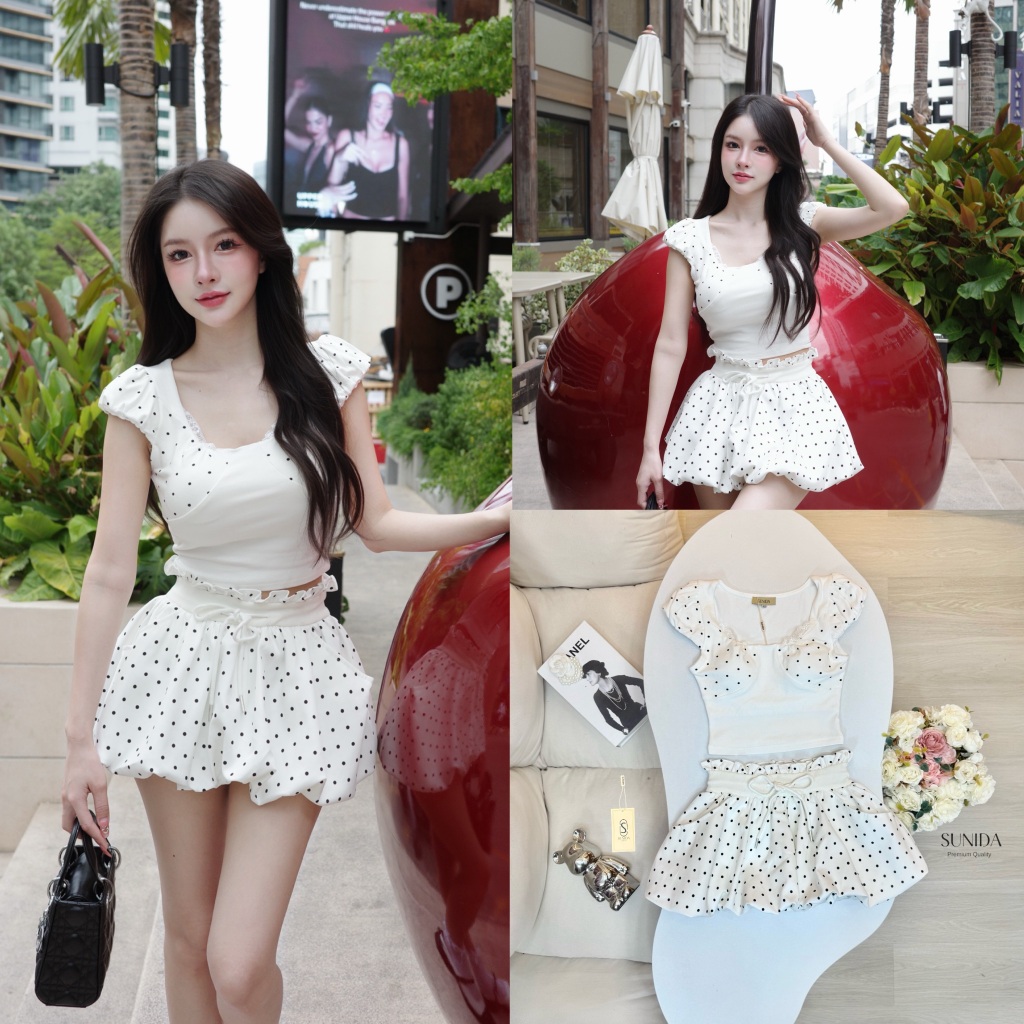SUNIDA Setเสื้อยืดผ้าไหมลายจุดดกระโปรง ทรงบอลลูน