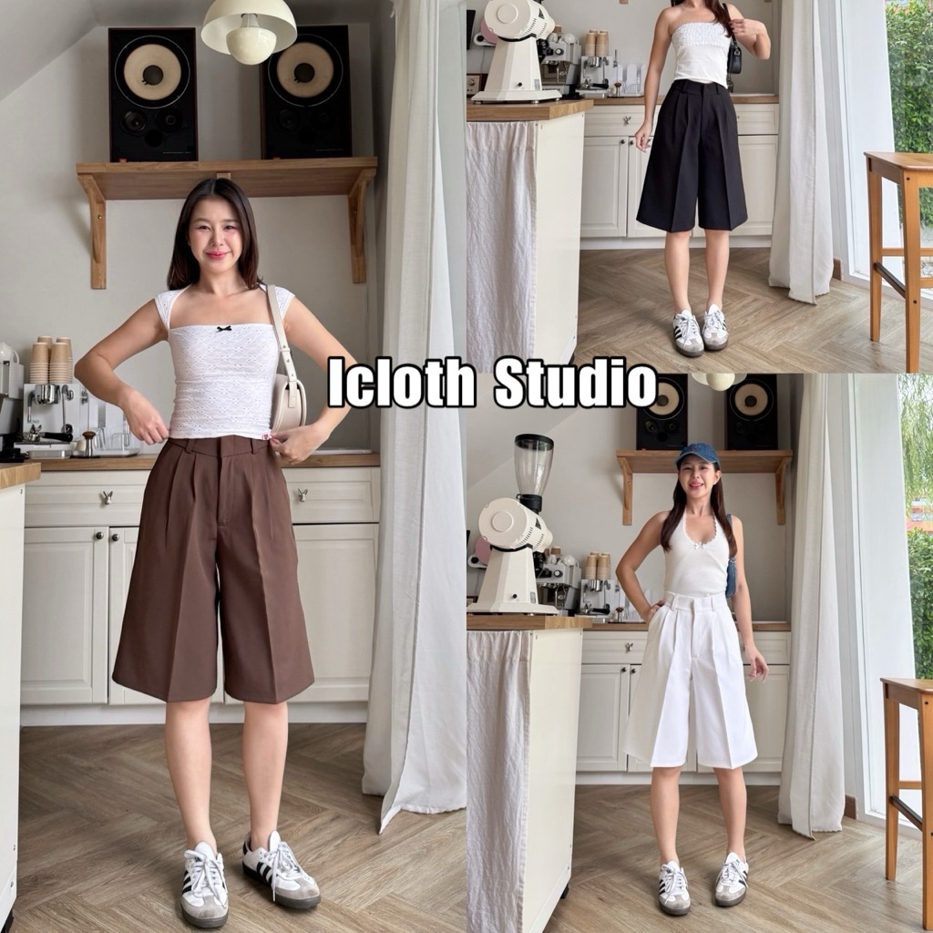 Mona Short กางเกงขา 4 ส่วน ผ้าไมโคร ตะขอหน้า เอวสูง มีหูเข็มขัด