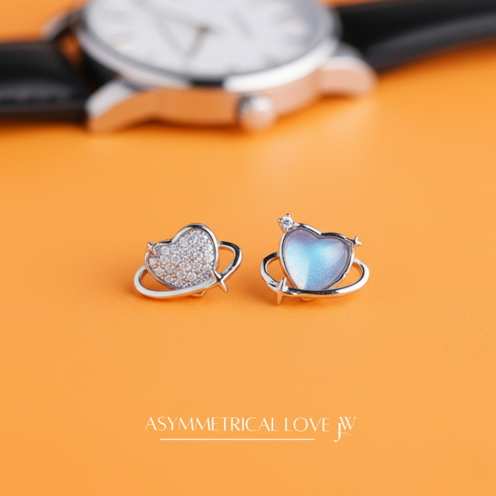 OUTLETS ล้างสต็อกจากโรงงานตรง ต่างหู Asymmetrical love ต่างหูเพชร Valentine ของขวัญ ต่างหูผู้หญิง