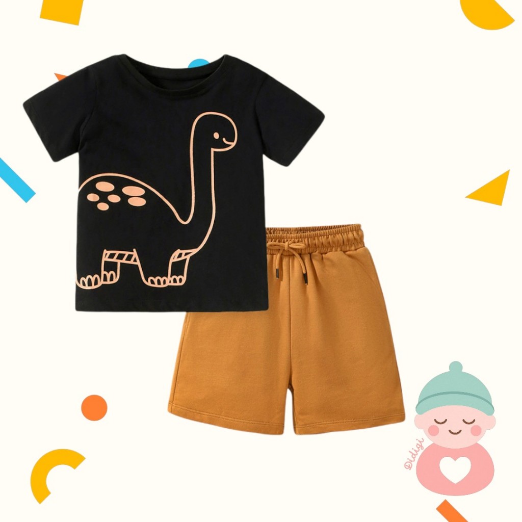 ชุดเซ็ตเสื้อยืดกางเกงขาสั้นเด็กผู้ชาย สีดำ - น้ำตาล ลายไดโนเสาร์