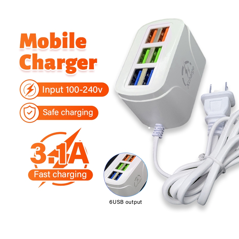 3.1Aปลั๊กไฟ USB 6พอร์ต หัวชาร์จ USB เต้าเสียบปลั๊กไฟมัลติฟังก์ชั่น 6พอร์ต ปลั๊กชาร์จเร็ว