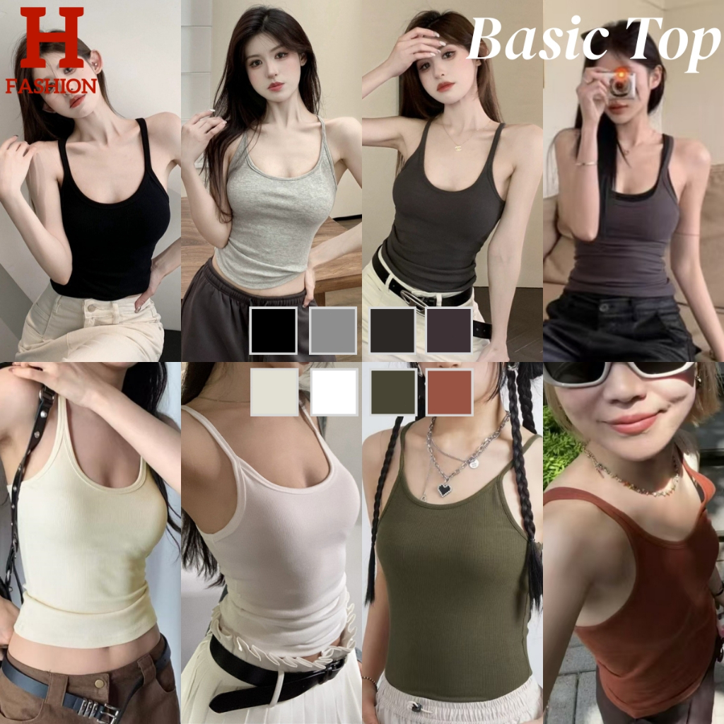 Hot fashion thai ~พร้อมส่ง เสื้อสายเดี่ยวผ้าฝ้ายสีทึบเปิดกลับเสื้อกั๊กตัวเองกับแผ่นหน้าอก-FY130
