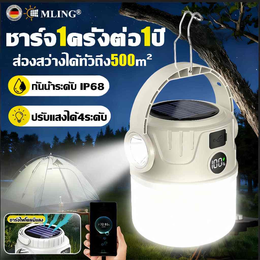【คืนกลายเป็นกลางวัน】ไฟแคมป์ปิ้ง 24000mAh พร้อมด้ามจับ โหมดแสง 4 โหมด กันน้ำIP68 แผงโซล่า ชาร์จType-C ไฟตะเกียงแค้มปิ้ง