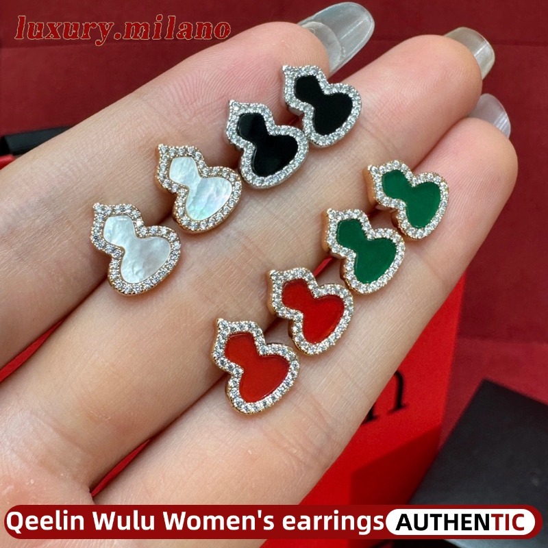 ✨ต่างหู Qeelin Wulu ทรงน้ำเต้าสำหรับผู้หญิง ต่างหูทองคำ 18K และหยก