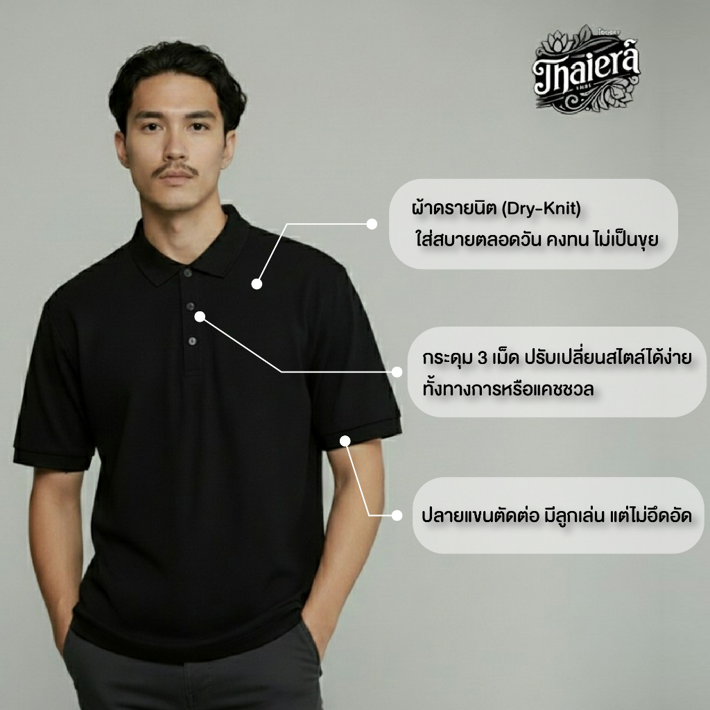 เสื้อโปโลผู้ชายพรีเมียม สีดำทรงสวย ผ้าเย็นใส่สบาย ไม่ยับง่าย ใส่ได้ทุกโอกาส
