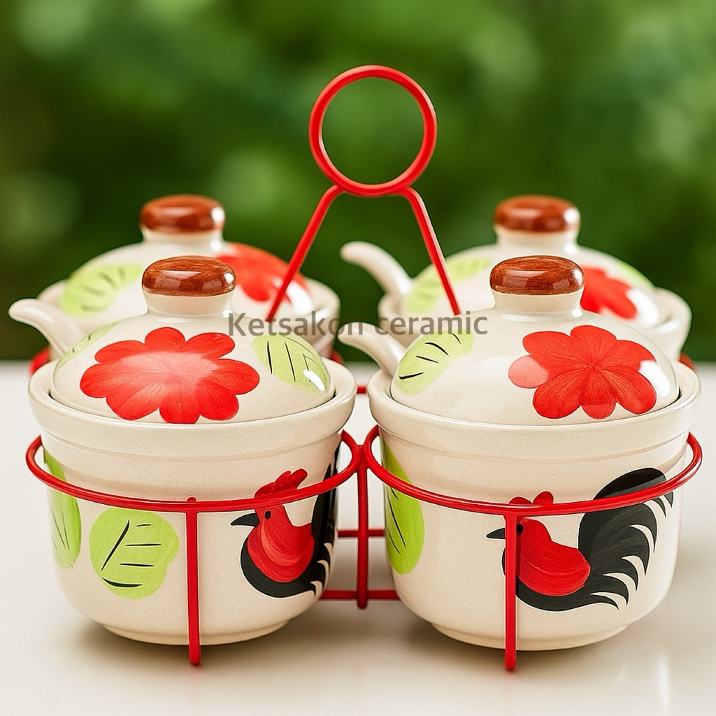 โถปรุงเครื่องปรุงลายไก่ เซรามิกลำปาง พร้อมช้อนและตะกร้าสีแดง สำหรับการจัดเก็บเครื่องปรุง