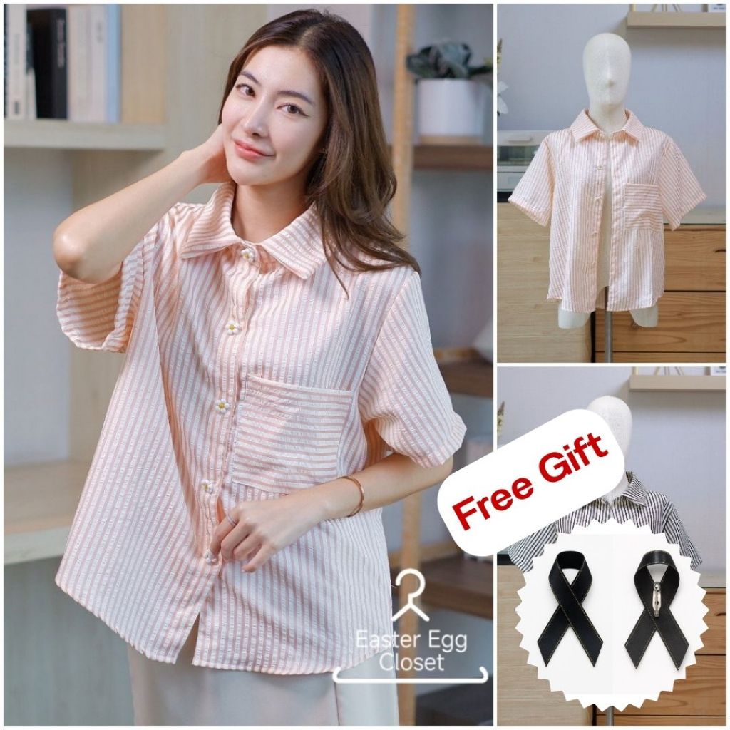 A34 เสื้อเชิ้ตแขนสั้น ทรง Oversize แต่งกระดุมลายดอกไม้ กระดุมหน้าสามารถติดได้จริง Easter Egg