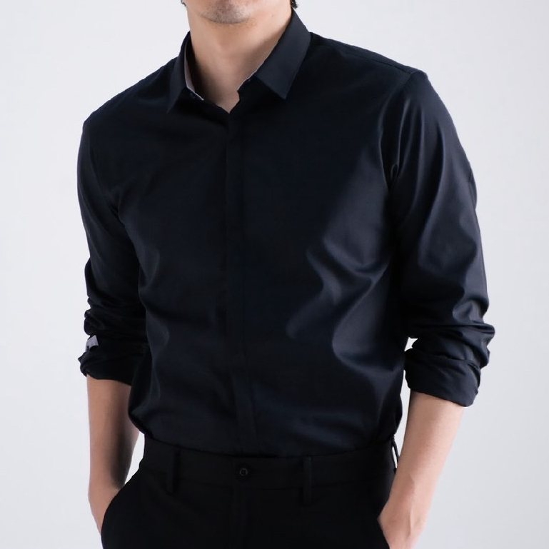 era-won เสื้อเชิ้ตรุ่น QUIET LUXURY SHIRT LONG MEN SLIM HIDDEN BUTTON COLLAR ทรง DRESS SHIRT สี Blac