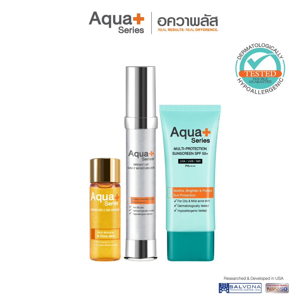 (ส่งฟรี) Aqua+ Series Enriched-C 24K Serum 15 ml. & Bright-Up Moisturizer 30 ml. & Sunscreen 50 ml.