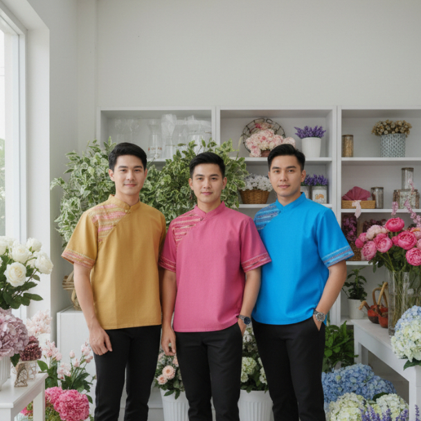 เสื้อพื้นเมือง ผู้ชาย คอจีน แขนสั้น ลายไทย
