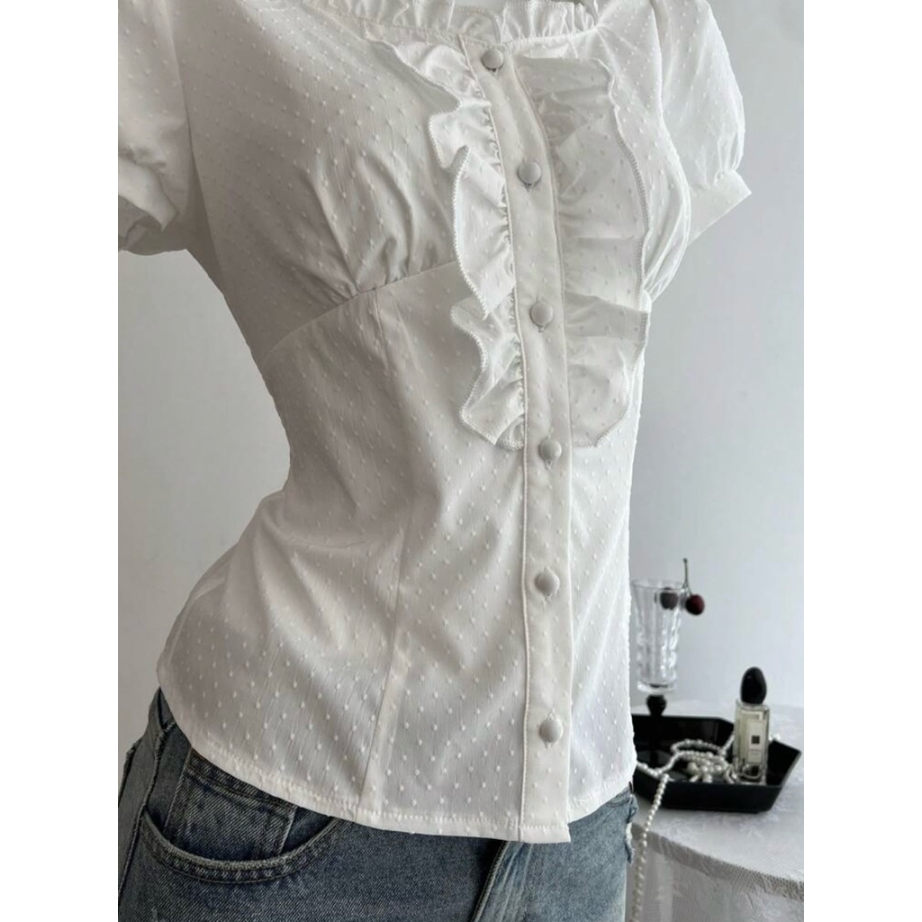 เสื้อเชิ้ตแขนตุ๊กตา โทนขาวดำ แต่งระบายหน้า มาใหม่ งานตามหา รุ่นขายดี - รูปที่ 5