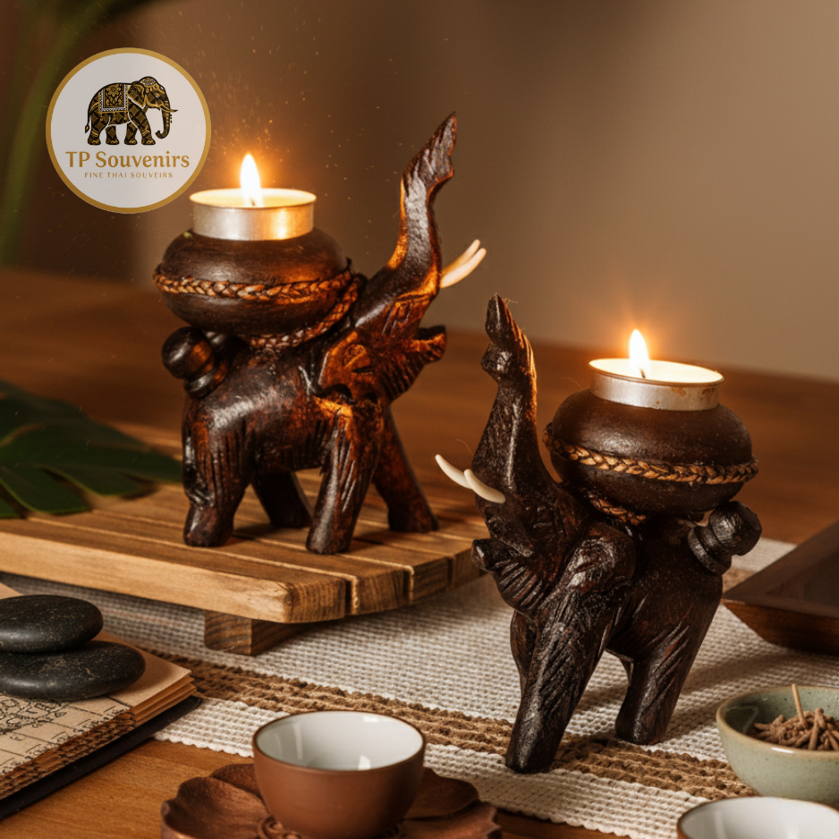 ✨ ที่วางเทียนหอม ช้างไม้แกะสลัก (Handmade) | เสริมฮวงจุ้ย ของมงคล ของแต่งห้องสไตล์วินเทจ ของฝากไทย
