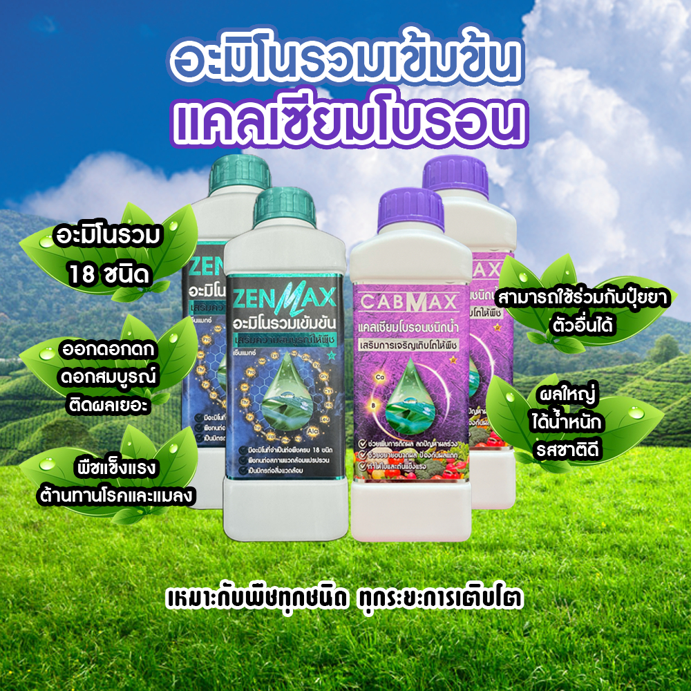 อะมิโนรวมเข้มข้น Zenmax + แคลเซียมโบรอน Cabmax เหมาะกับพืชทุกชนิด ทุกระยะการเติบโต 4 ลิตร