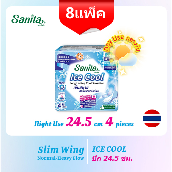 【ราคาพิเศษ : 8 แพ็ค】Sanita Ice Cool / แซนนิต้า ผ้าอนามัย ไอซ์ คูล ผิวสัมผัสนุ่ม สลิม มีปีก 24.5ซม. 4ชิ้น/ห่อ