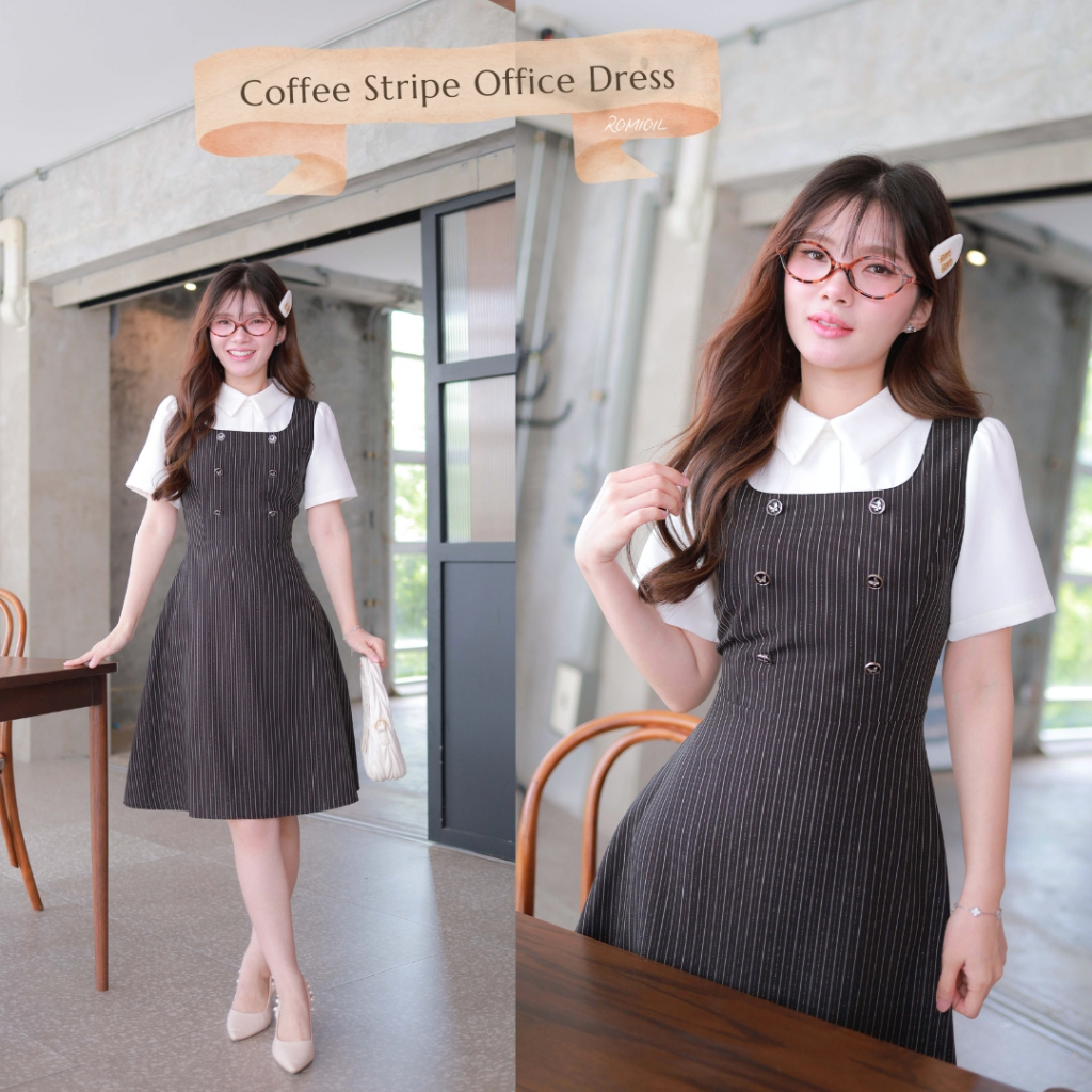 "Romi"Oil" Coffee Stripe Office Dress (Black) K341 ชุดเดรสสีดำลายทาง (แขนสีขาวแต่งกระดุมด้านหน้า)