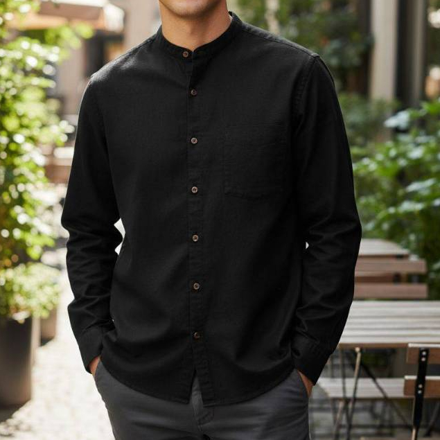 เสื้อเชิ้ตคอจีนแขนยาว ผู้ชายสีดำ ผ้าอ๊อกซฟอร์ด