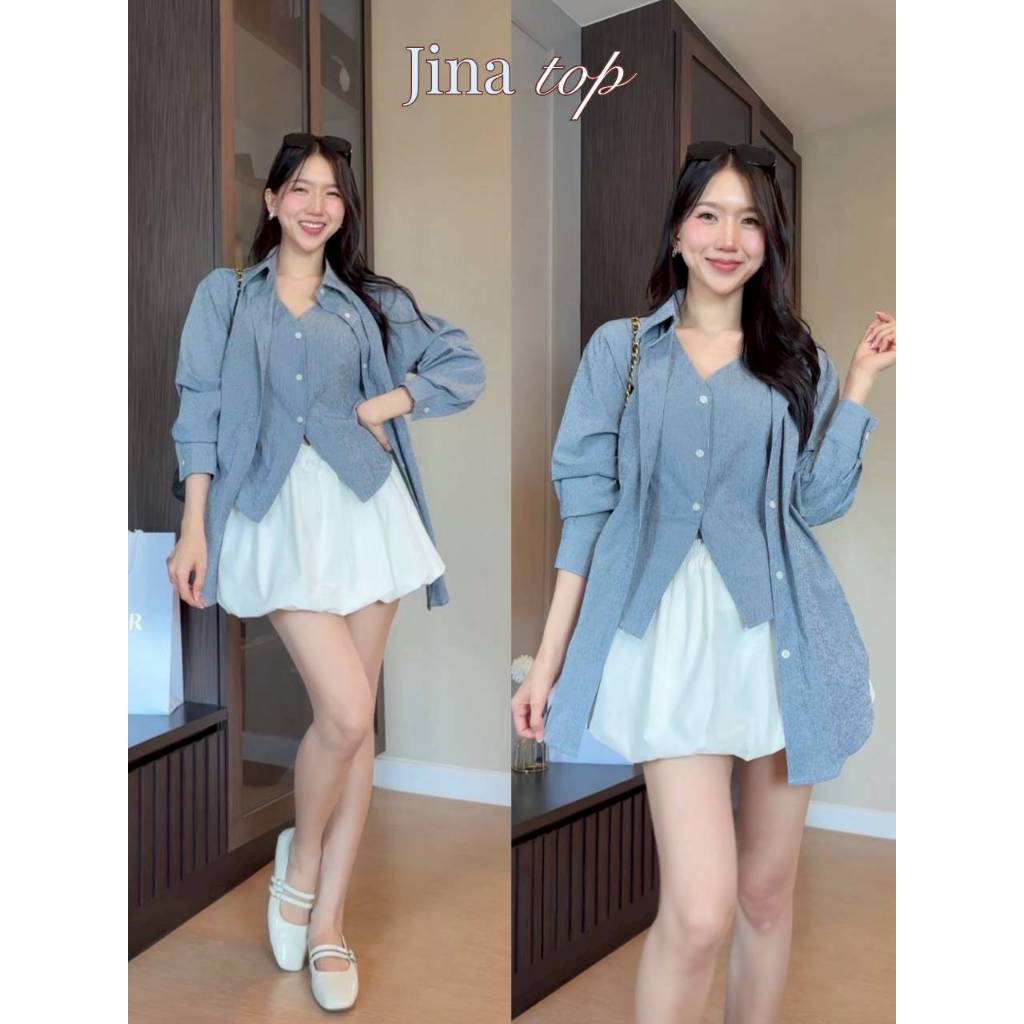BD25-102 เสื้อเชิ้ต+กั๊กติดกัน สีเทา