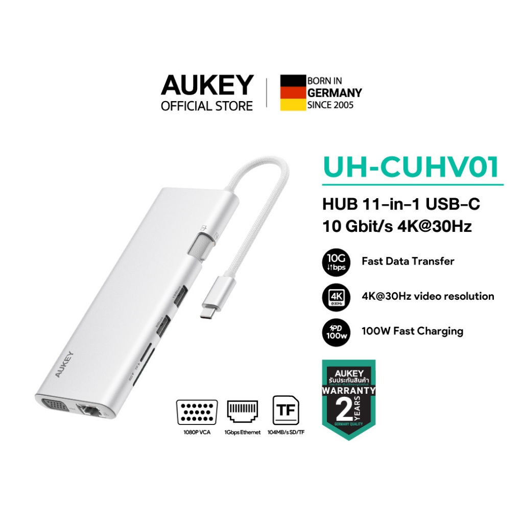 AUKEY UH-CUHV01 ฮับ 11-in-1 USB-C Hub Adapter | Dual HDMI 4K, PD 100W, 10Gbps, Ethernet, SD/TF, VGA