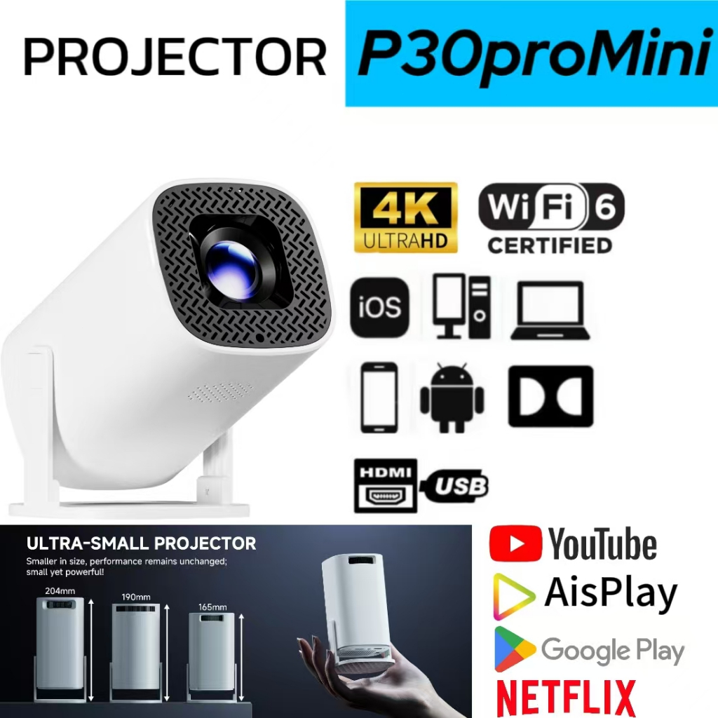 P30 Pro Mini โปรเจ็กเตอร์ 4K Projector HDMI/USB Android 14.0 WiFi 6.0 บลูทูธ 5.0 1080P