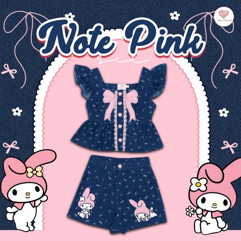 (มี3Xl)  Note Pink Set เซ็ตยีนส์ 2 ชิ้น เสื้อกระดุมหน้าแขนระบายหลังดีเทลโบว์ ฉลุหัวใจ + กางเกงขาสั้นปักมีกระเป๋าข้าง
