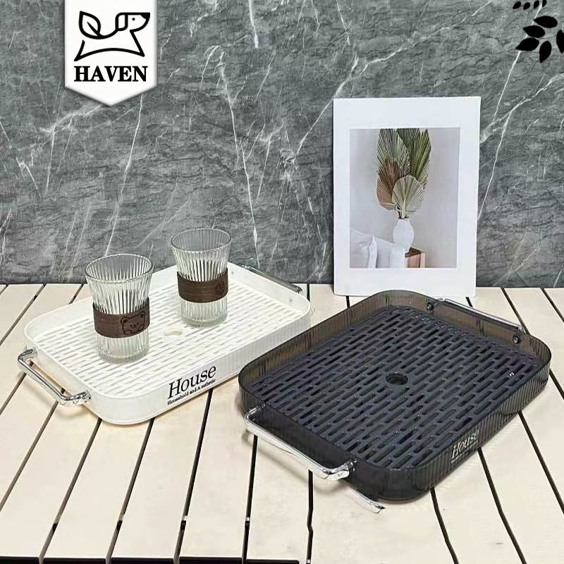 <Haven Luxe> ถาดเอนกประสงค์ถาดแก้วถาดน้ำชาพร้อมตะแกรงเหล็กวัสดุพลาสติก PP มีหลายขนาด
