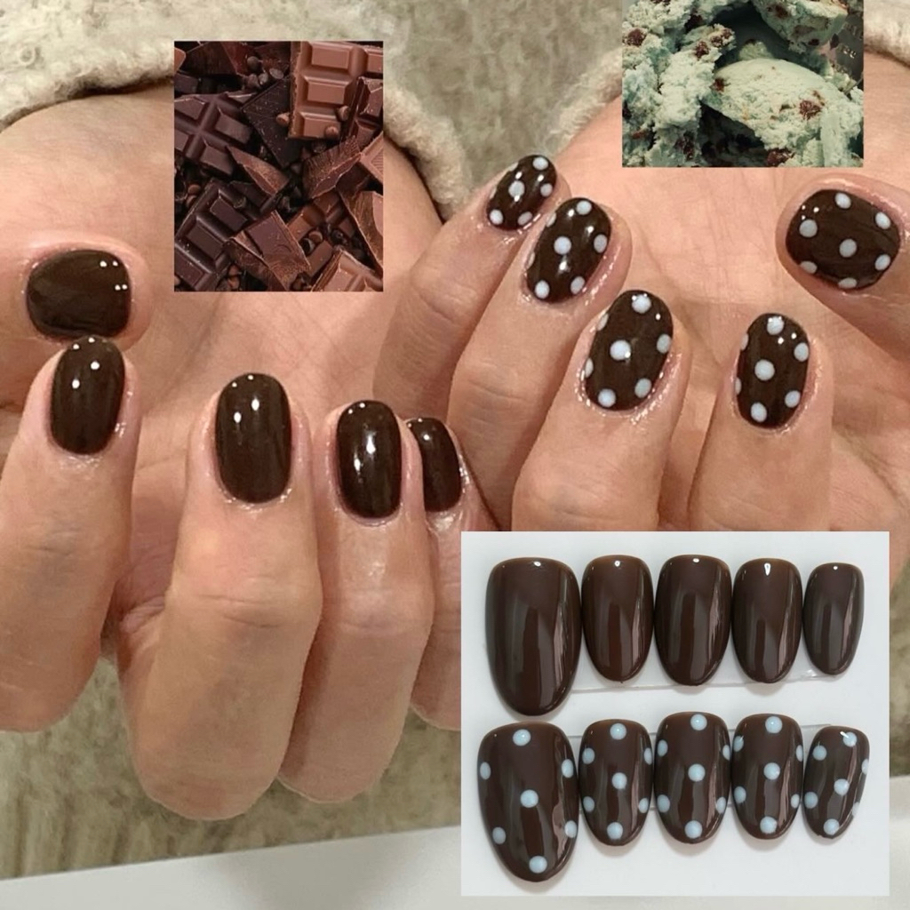 เล็บปลอมลายเจลลายใหม่ ลายดอท มิ้นท์+ช็อกโกแลต 🍫 น่ารักก ✨ 1-2 วันจัดส่ง