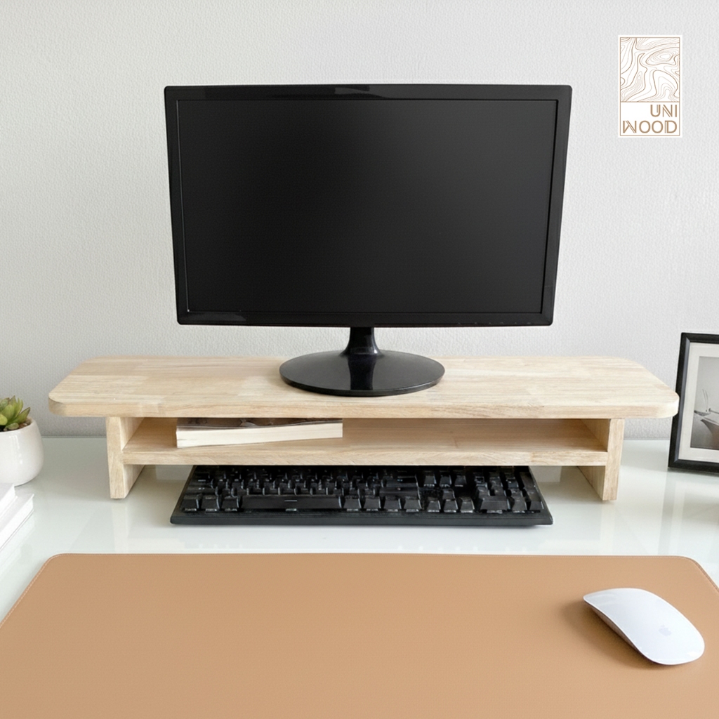 [Uni_wood]ชั้นวางจอคอมขอบมน 2 ชั้นเคลือบด้านทำจากไม้ยางพารากว้าง 20 cm.ยาว 60 / 80 / 100 cm.สูง12cm.