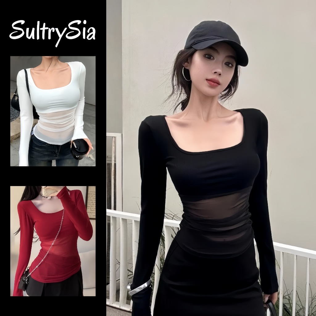 SultrySia เสื้อแขนยาวผู้หญิง เสื้อคอเหลี่ยม ดีเทลครึ่งตัวซีทรู เข้ารูป เซ็กซี่มาก
