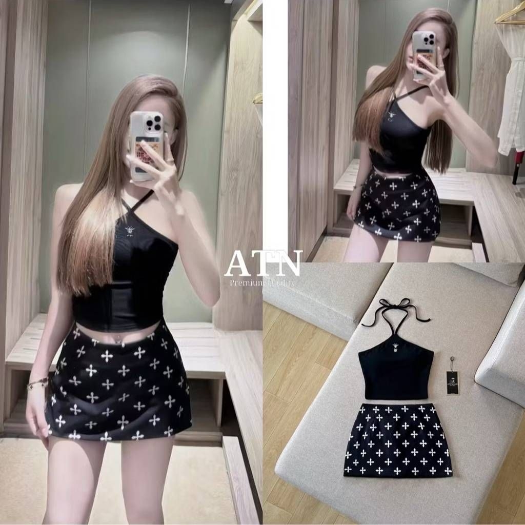 S M L มือ1 ATN ชุดเซ็ตเสื้อสายผูกคล้องคอ มาพร้อมกระโปรงสั้นพิมพ์ลายซับในกางเกง ใส่สวยสุดๆ ป้าย ATN