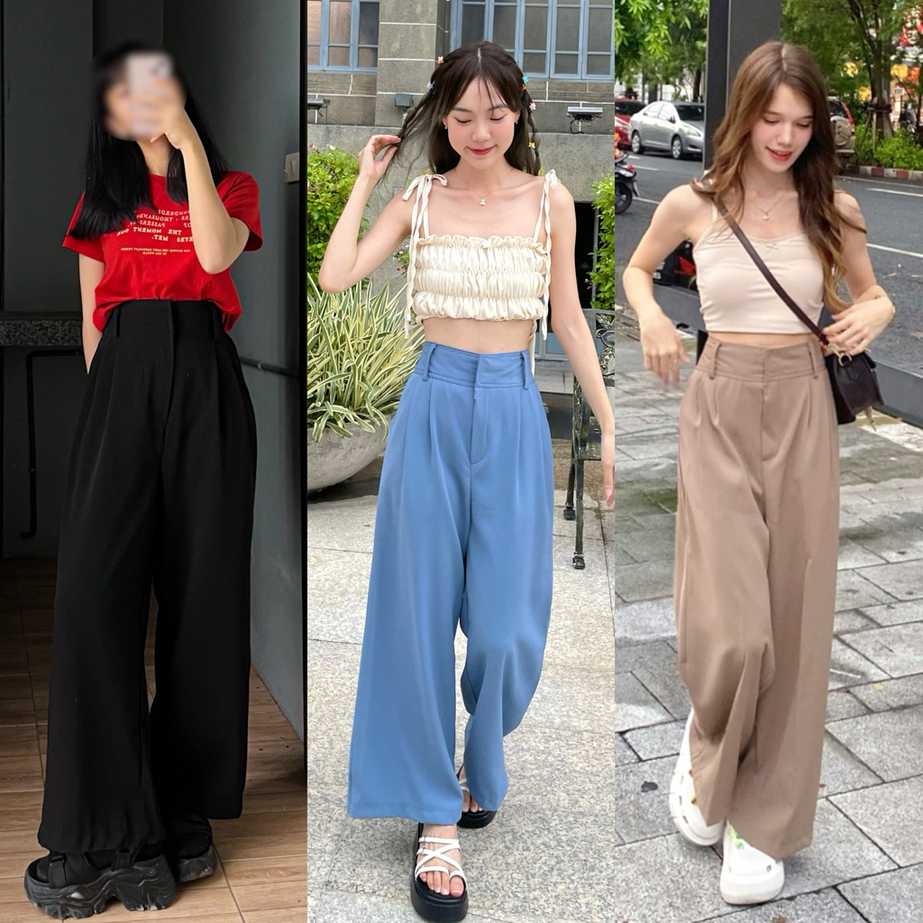 150cm comfy กางเกงขายาว กระบอกใหญ่ ยางยืดหลัง ผ้าลื่นพริ้วทิ้งตัว ไม่รัดสะโพก-ต้นขา [playwork.store]