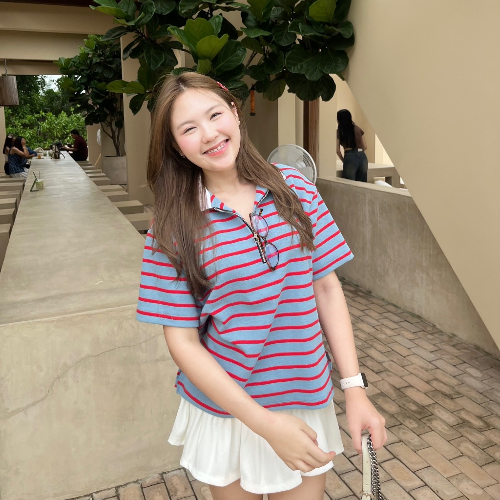 Poppy Polo Zip เสื้อโปโลลายริ้วแต่งซิป หน้าผ้า40นิ้ว สินค้าพร้อมส่ง