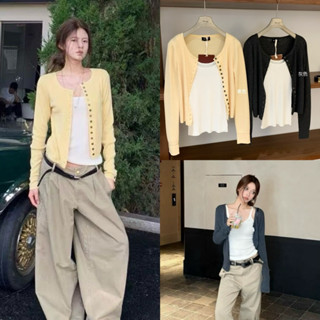 7848# Set 2 pcs เสื้อคลุมไหมพรมแขนยาว กระดุมหน้า + เสื้อ กล้…