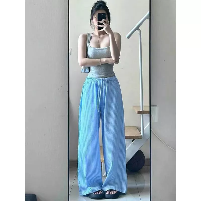 กางเกงขายาวลายทางเอวสูงผ้าไหมน้ำแข็ง ทรงขากว้าง สำหรับผู้หญิง thumbnail 8