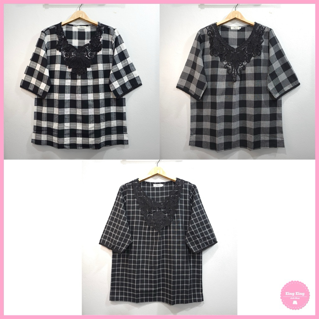 ⚫️สีดำ⚫️ ราคาพิเศษ‼️ เสื้อคอกลมเเขนสามส่วน ผ้าเนื้อดี เเต่งลูกไม้ ลายสก๊อต