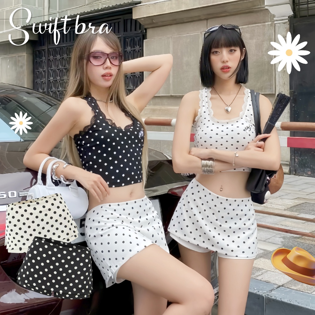 🌸Swift Bra🌸กระโปรงลายจุดสุดเก๋ กระโปรงสั้น Dots Skirt ผ้าเปเป้ มีซับใน สไตล์เกาหลี สาวอวบใส่ได้