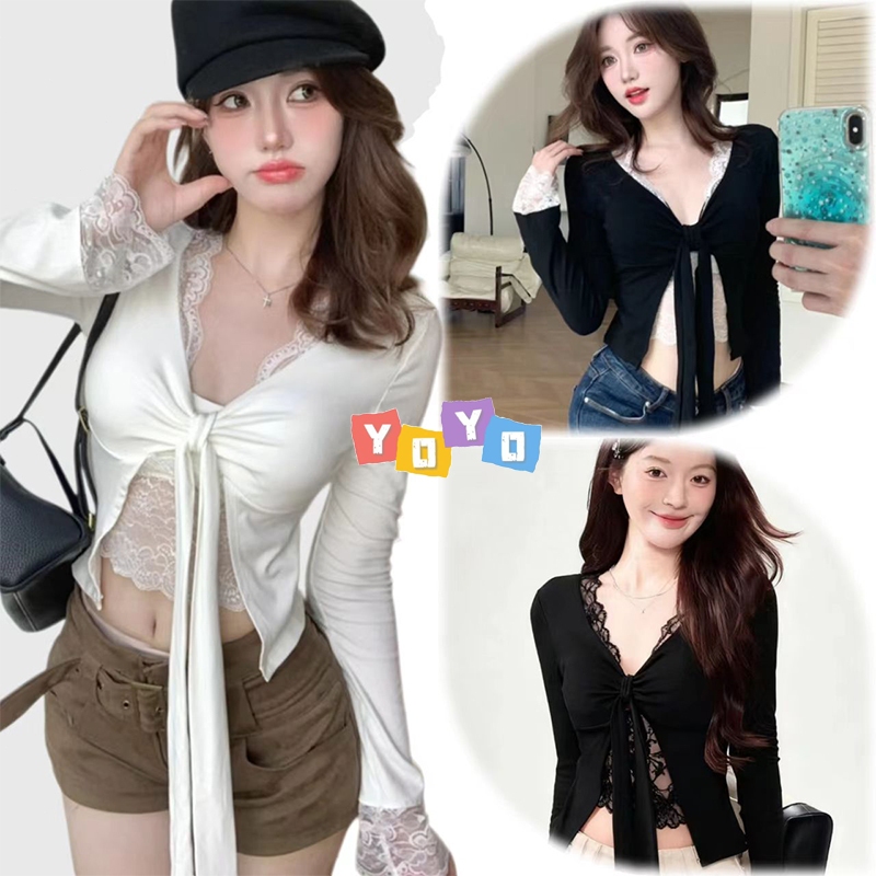 YOYO พร้อมส่ง🌈เสื้อยืดแขนยาว🌈เสื้อลูกไม้สองชั้นติดกัน ใส่แล้วดูผอม  แฟชั่น คอวี มีเชื่อกผูกโปว์ได้ ทรงเข้ารูป ไปคาเฟ่