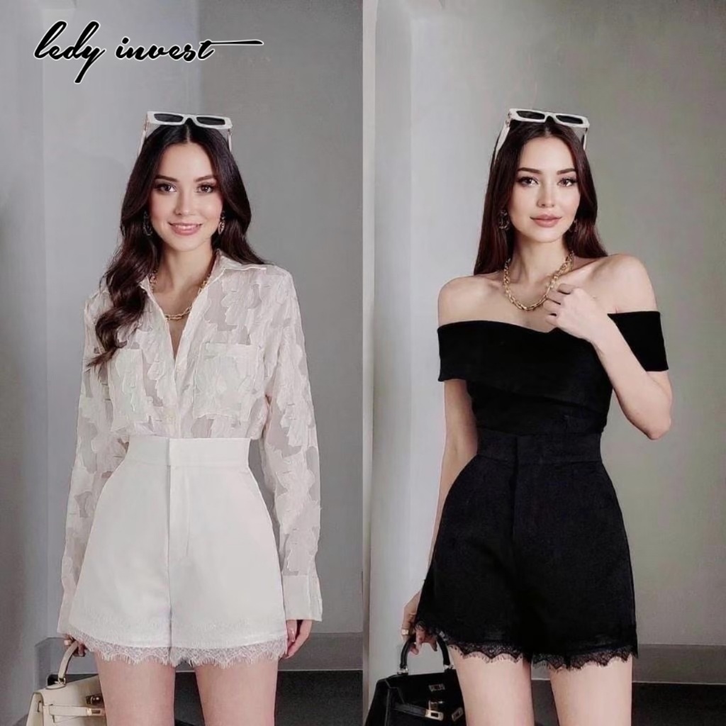 กางเกงขาสั้น แต่งลูกไม้ขนตา ไฮโซมาก สีดำ สีขาว สหรับผู้หญิง LS09