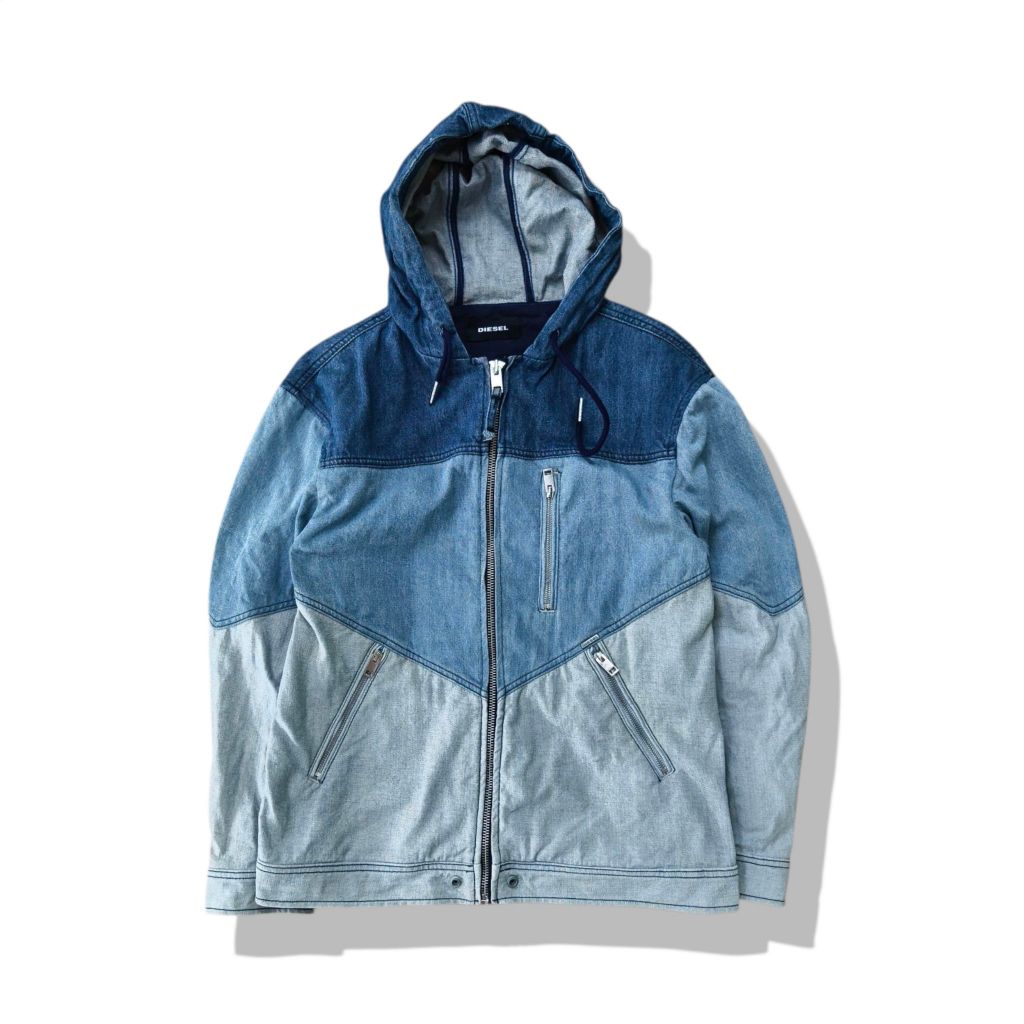 Diesel D-Olaf 3-toned Paneled Blue Denim Hooded Jacket รอบอก 42”