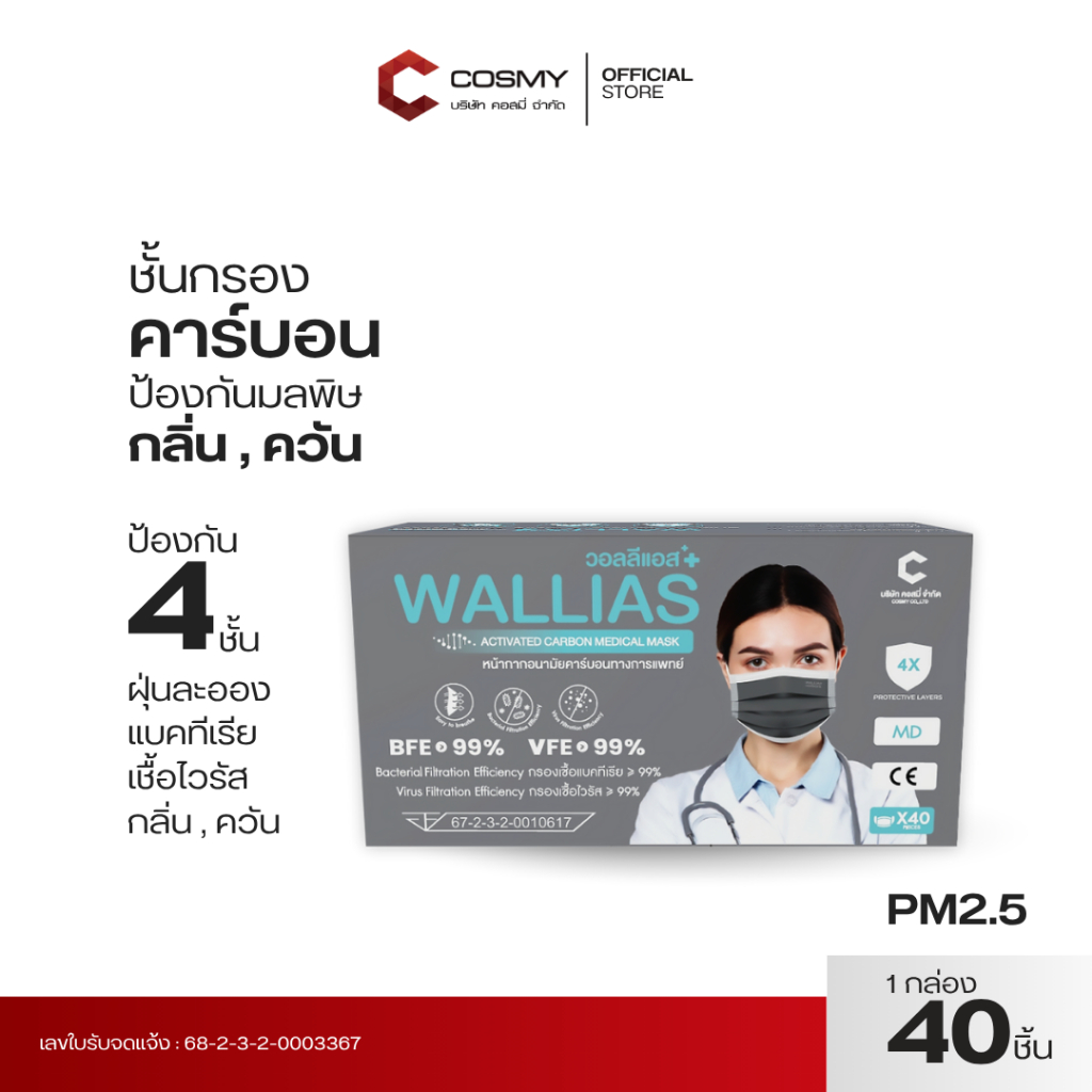 หน้ากากอนามัยคาร์บอน วอลลีแอส wallias หนา 4 ชั้น  Activated Carbon Medical Mask แมสก์คาร์บอน ทางการเเพทย์ กันฝุ่น PM2.5