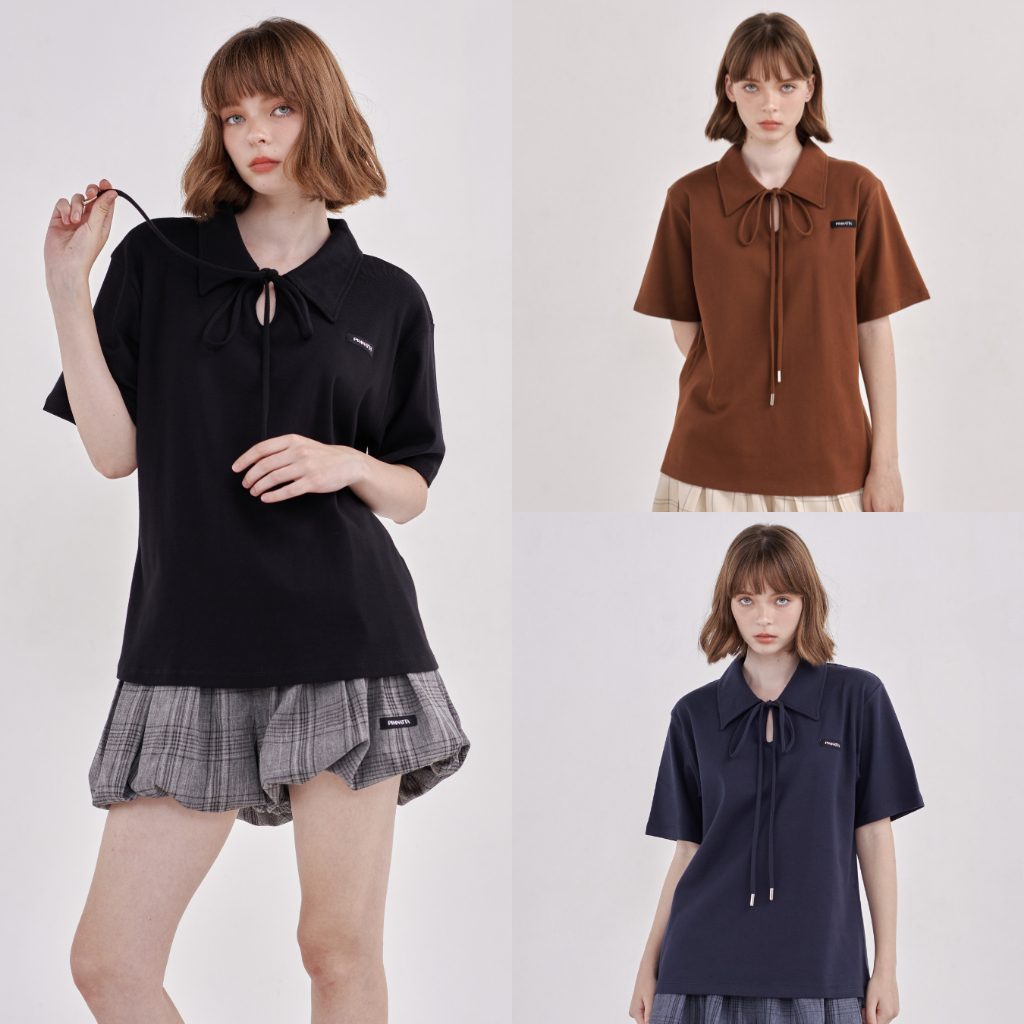 PIMNATTA Aira Bow Polo Top เสื้อยืดปกโปโลผูกโบว์ สไตล์แคชชวล เนื้อผ้านุ่มสบาย