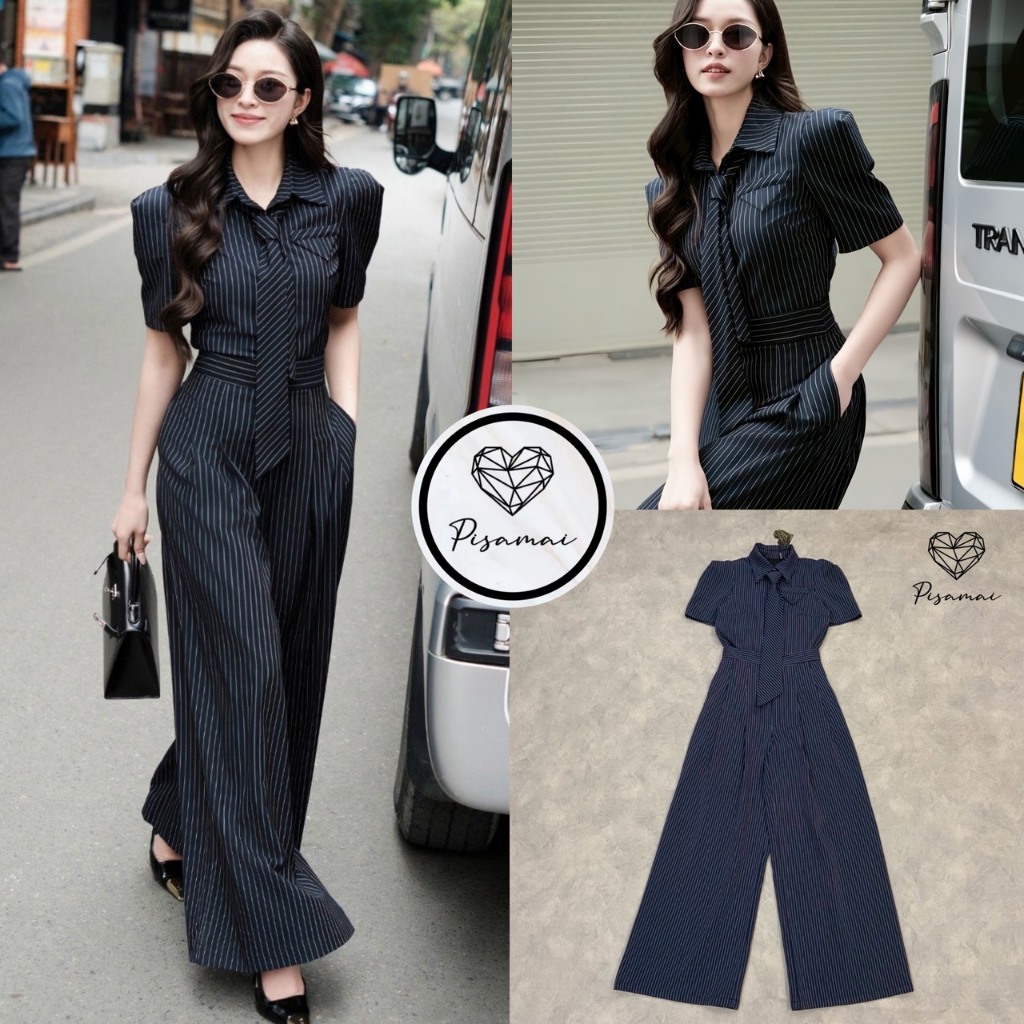 [PISAMAI] เซ็ต3ชิ้น เสื้อเชิ้ตแขนสั้นลายดำ มาคู่กับกางเกงขายาวทรงกระบอก พร้อมเน็คไทค์