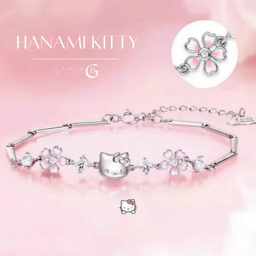 GLAMOR✨กำไลข้อมือเงินแท้ Hanami Kitty สร้อยข้อมือคิตตี้ลายดอกซากุระ กำไลผู้หญิงสไตล์เกาหลี เงิน925