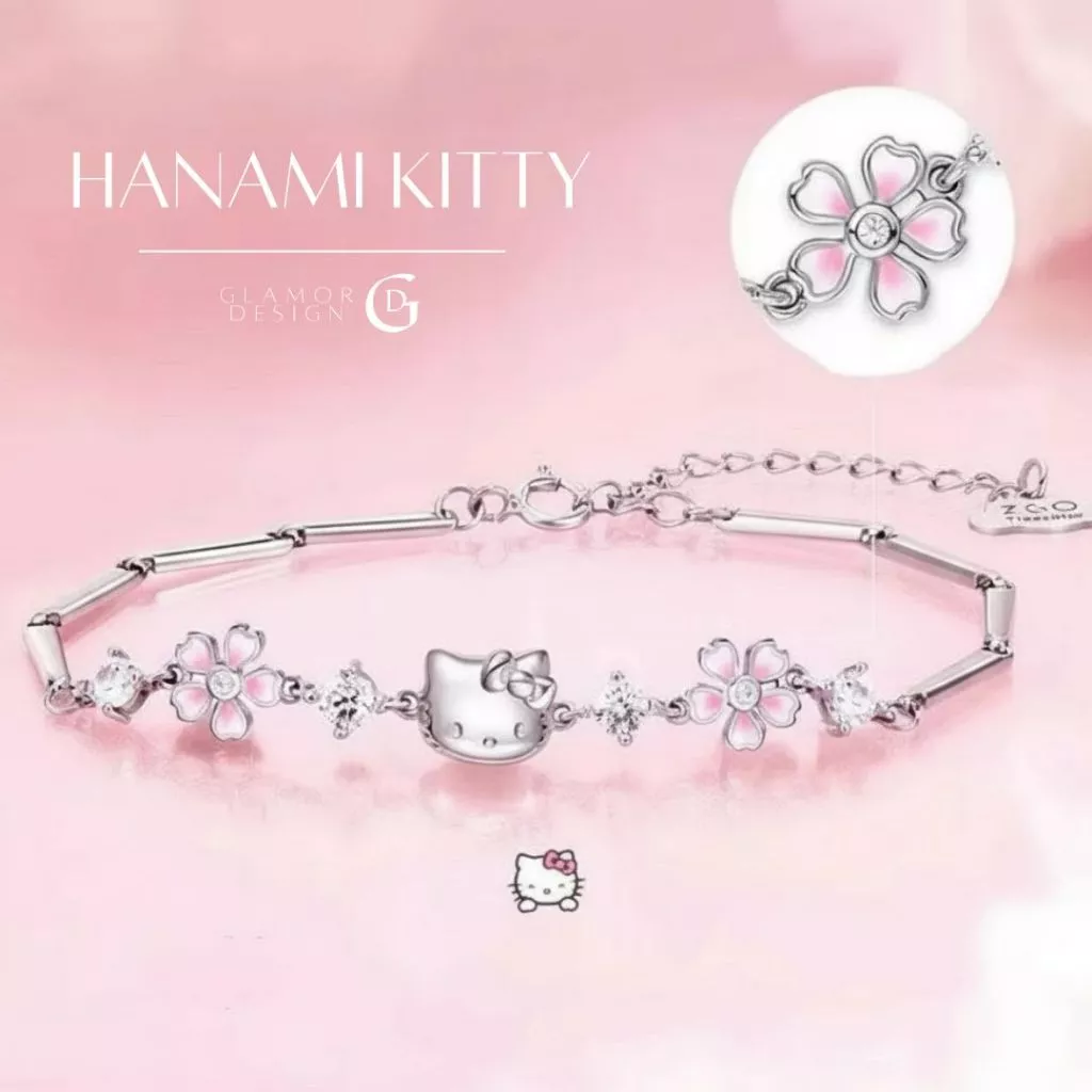 GLAMOR✨กำไลข้อมือเงินแท้ Hanami Kitty สร้อยข้อมือคิตตี้ลายดอกซากุระ กำไลผู้หญิงสไตล์เกาหลี เงิน925