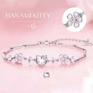 GLAMOR✨กำไลข้อมือเงินแท้ Hanami Kitty สร้อยข้อมือคิตตี้ลายดอกซากุระ กำไลผู้หญิงสไตล์เกาหลี เงิน925
