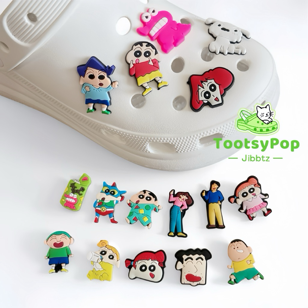 16ชิ้น/เซ็ต Tootsypop ,B1ชินจังตัวติดรองเท้า,อุปกรณ์เสริมรองเท้า,ลายการ์ตูน,จิ๊บติดรองเท้า