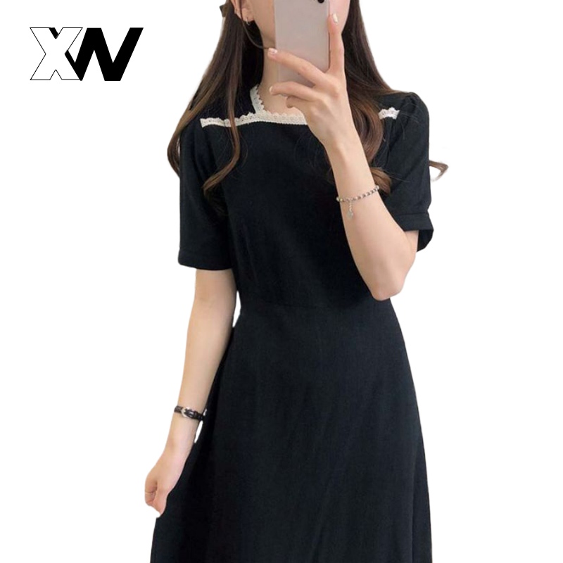 XWbrand คำแนะนำการเดินทาง ชุดเดรสยาวคอเหลี่ยม โทนสีอ่อนๆ เดรสแฟชั่นผญ ไม่พิมพ์ลวดลาย ให้ความมินิมอล ผู้หญิงที่อ่อนโยน
