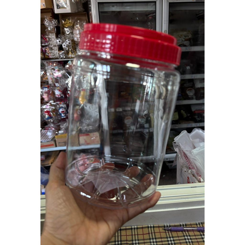 กระปุกพลาสติกฝาสีแดง ฝามีหูหิ้วในตัว (1 ใบ) ขนาด 2,000 ml. กระปุกใส่ขนม ขวดโหลพลาสติกใส่ขนม