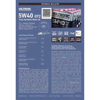 (LOTล่าสุด) VOLTRONIC 5w-40 GT2 Api SQ น้ำมันเครื่องสังเคราะห์แท้100% เกรดพรีเมี่ยม VOLTRONIC 5w40 (5w 40) ขนาด 1ลิตร